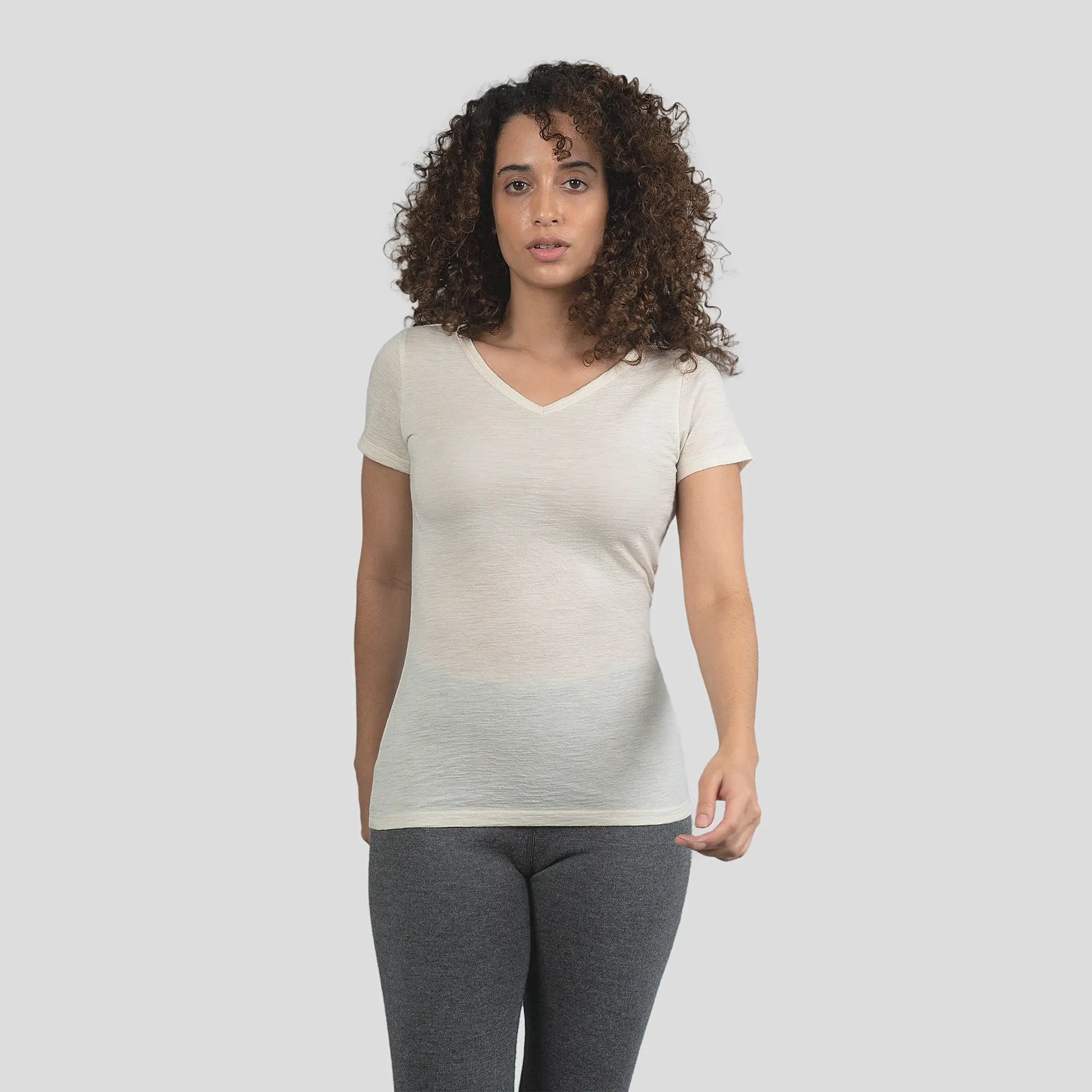 Women's Alpaca Wool T-Shirt: 160 Ultralight V-Neck color Natural White